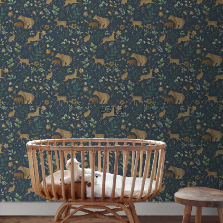 Kids Wallpaper with Forest Animals Dark Blue