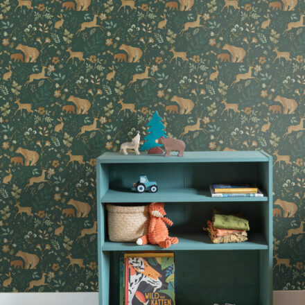 Kids Wallpaper with Forest Animals Dark Green