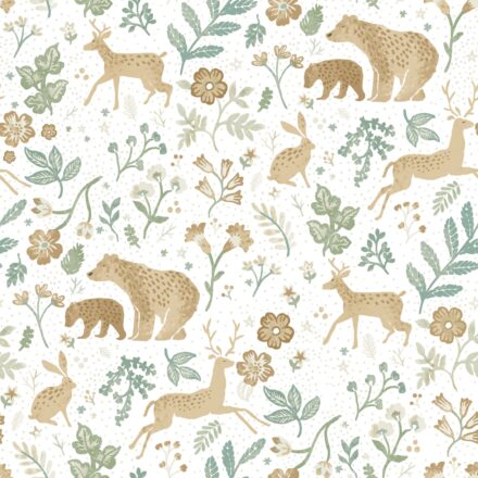 Kids Wallpaper with Forest Animals Green