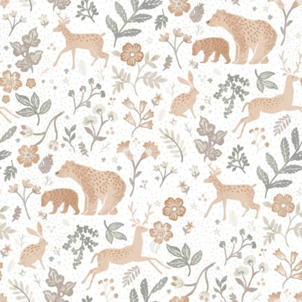 Kids Wallpaper with Forest Animals Greyish Green&White