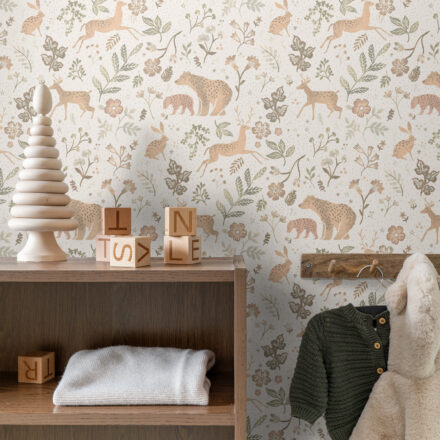Kids Wallpaper with Forest Animals Off White & Beige