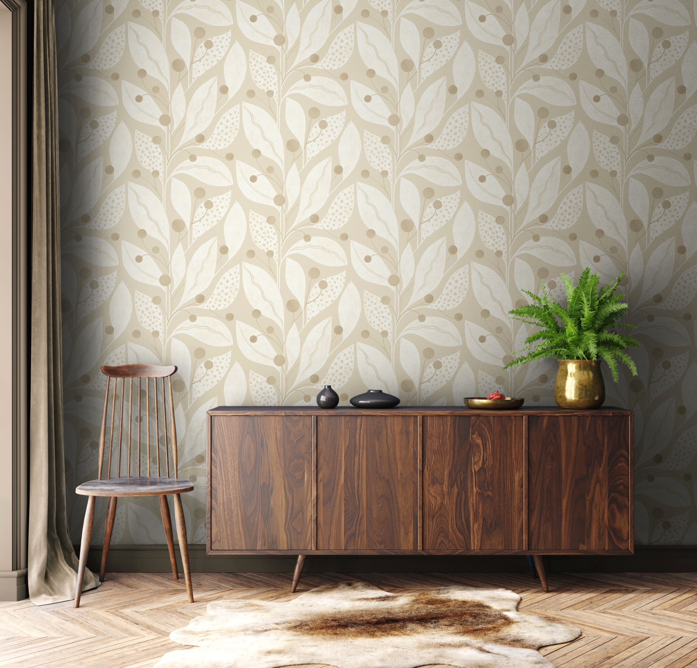Wallpaper Abstract Leaves Beige – Berry Dot Flax LBK50105W (2) Wallpaper Abstract Leaves Beige