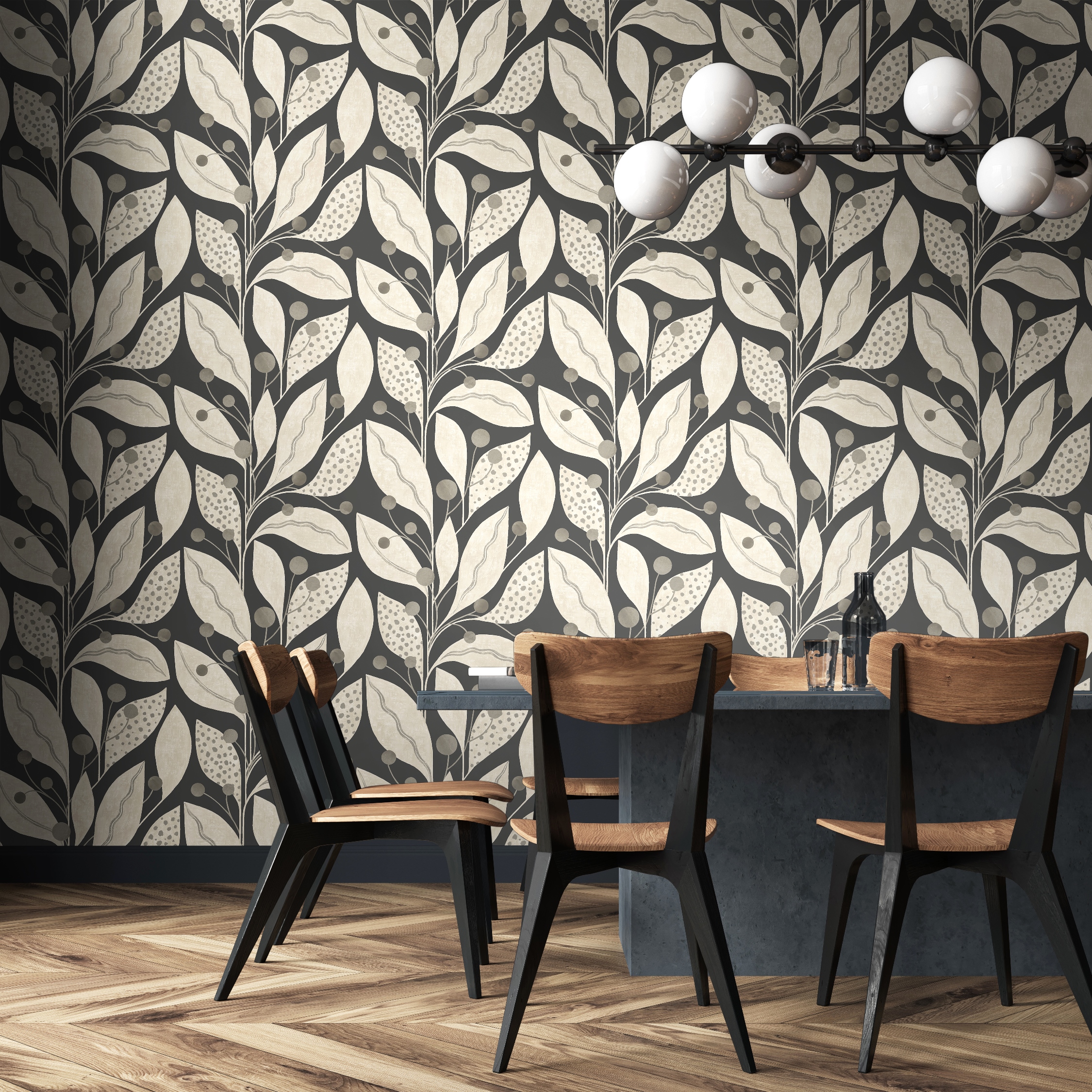 Wallpaper Abstract Leaves Grey – Berry Dot Carbon LBK50119W (2) Wallpaper Abstract Leaves Grey
