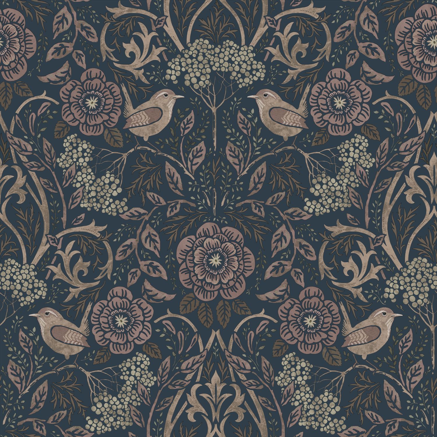 Wallpaper Flowers and Birds in Art Nouveau Style Dark Blue&Antique Pink 139832 (2)