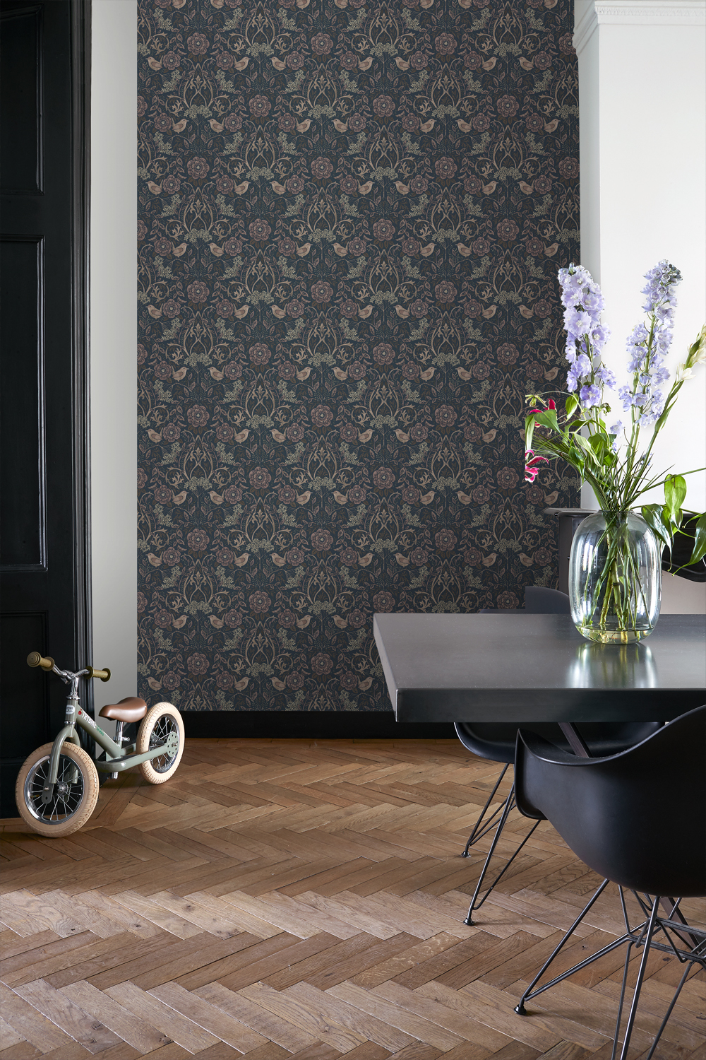 Wallpaper Flowers and Birds in Art Nouveau Style Dark Blue&Antique Pink 139832 (3)
