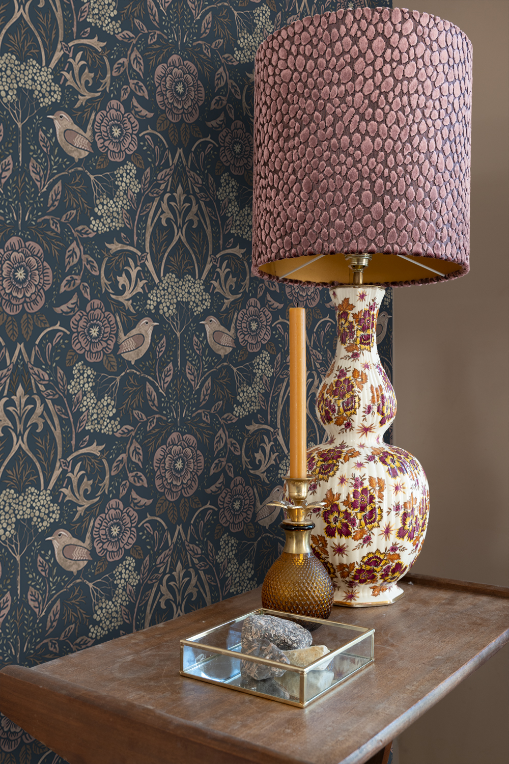 Wallpaper Flowers and Birds in Art Nouveau Style Dark Blue&Antique Pink 139832 (4) Wallpaper Flowers and Birds in Art Nouveau Style Dark Blue&Antique Pink