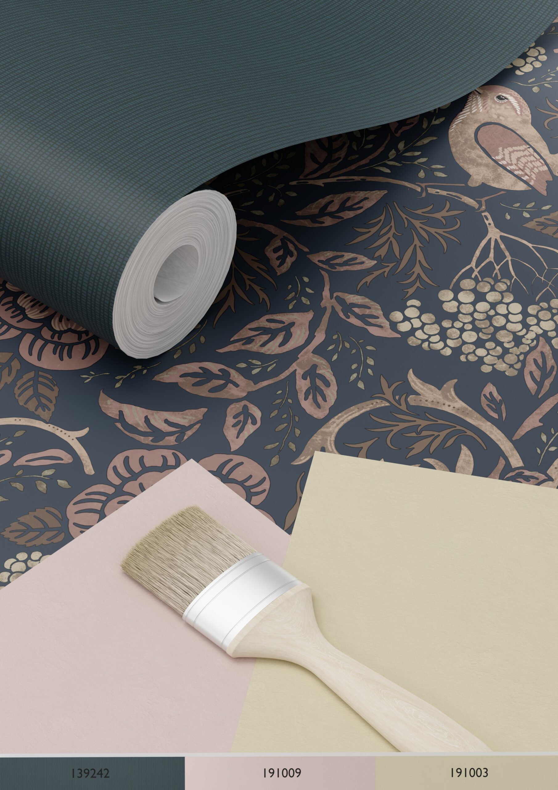 Wallpaper Flowers and Birds in Art Nouveau Style Dark Blue&Antique Pink 139832 (5)