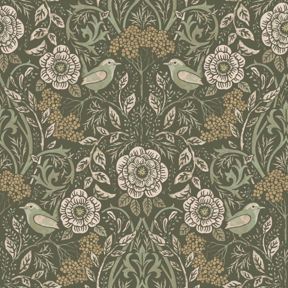 Wallpaper Flowers and Birds in Art Nouveau Style Dark Green 139831 (1) Wallpaper Flowers and Birds in Art Nouveau Style Dark Green