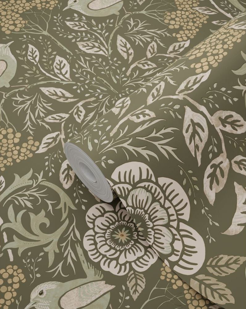 Wallpaper Flowers and Birds in Art Nouveau Style Dark Green 139831 (4)