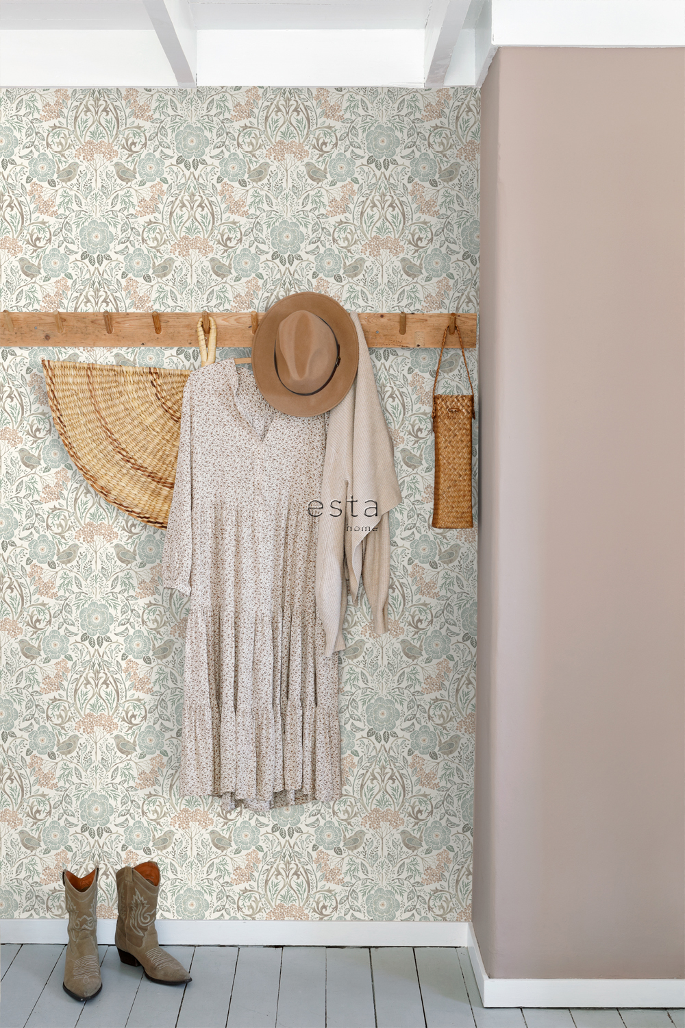 Wallpaper Flowers and Birds in Art Nouveau Style Grayish Green 139294 (1)