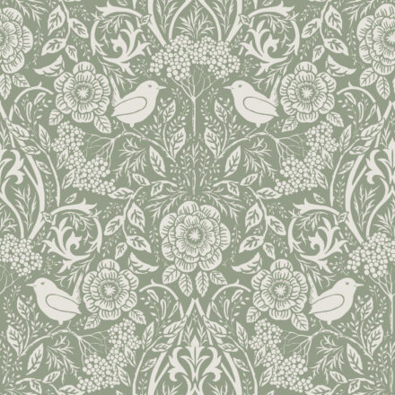 Wallpaper Flowers and Birds in Art Nouveau Style Green