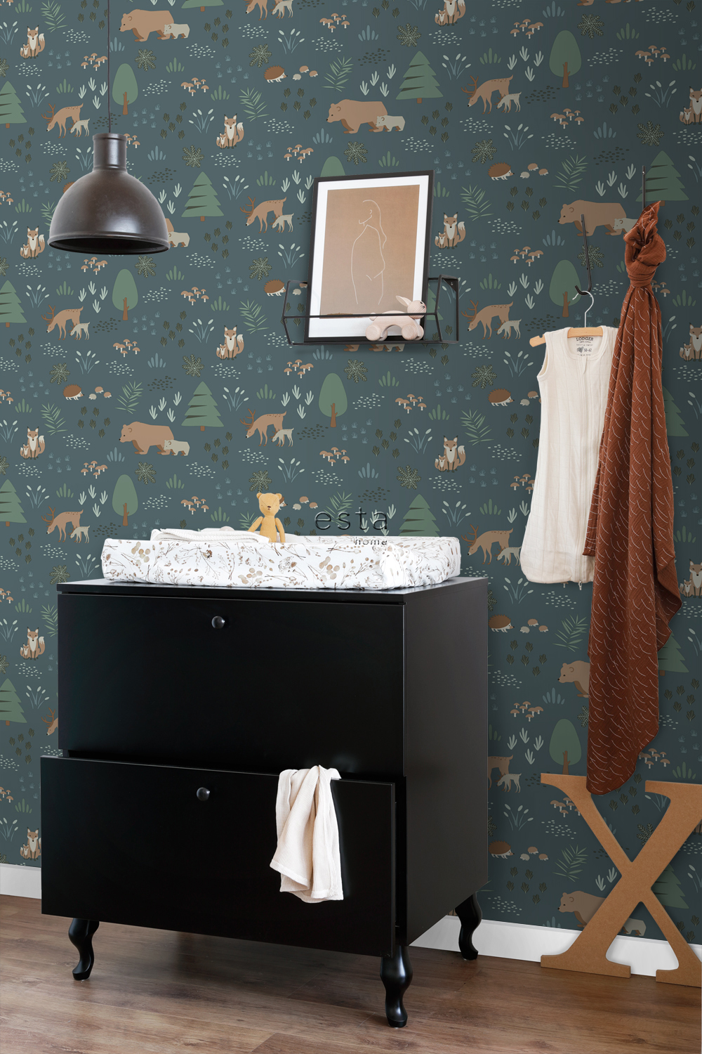 Wallpaper Forest with Forest Animals Grayed Blue 139248 (3) Wallpaper Forest with Forest Animals Grayed Blue