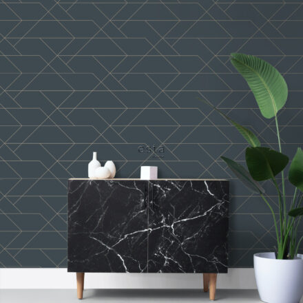 Wallpaper Graphic Lines Dark Blue & Gold