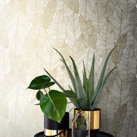 Wallpaper Pen Drawn Leaves White & Gold