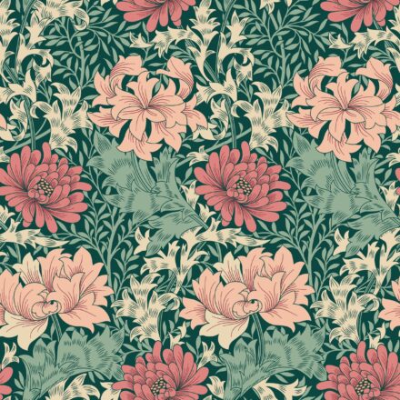 Wallpaper Floral Chrysanthemum Green & Pink