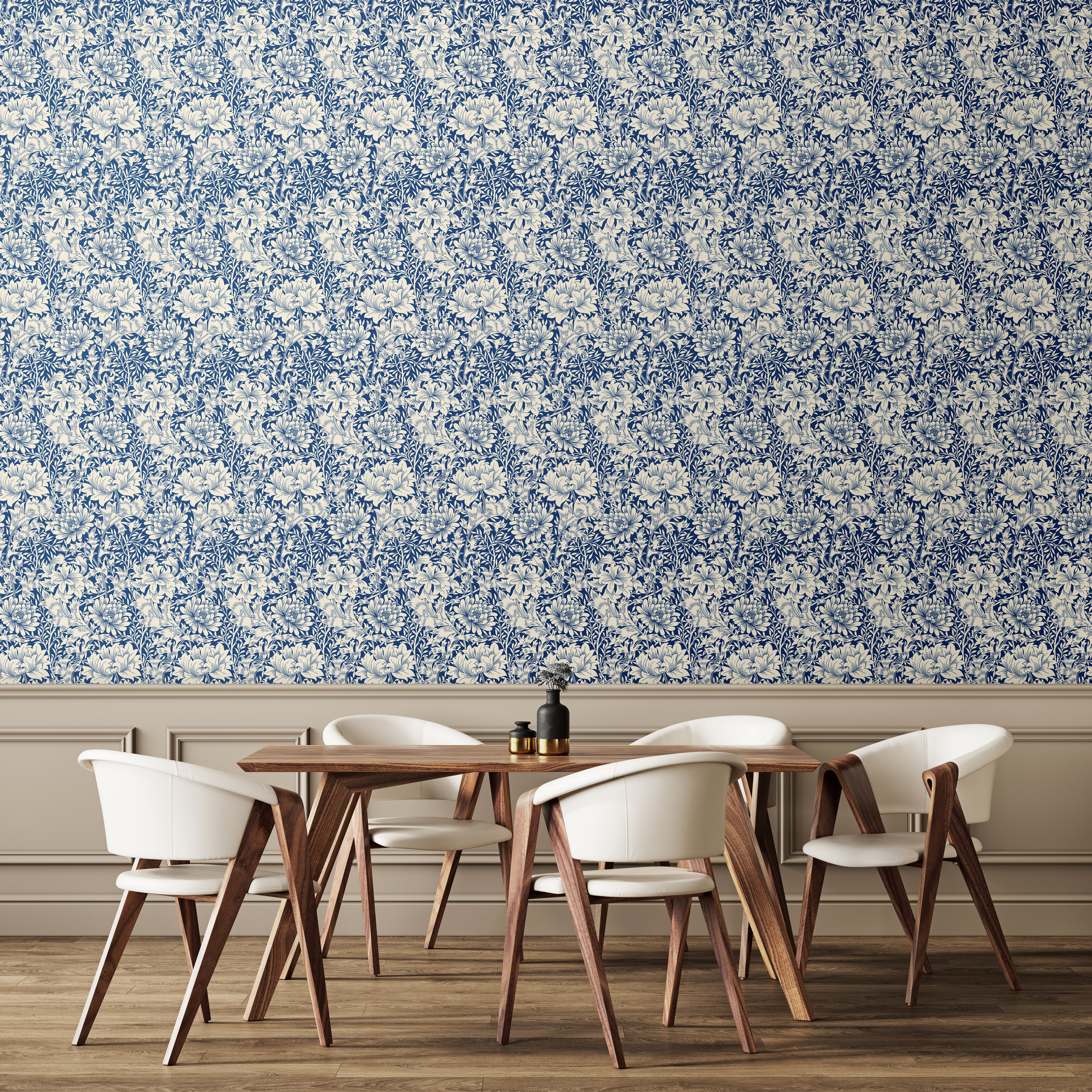 Wallpaper Floral Chrysanthemum Indigo Blue