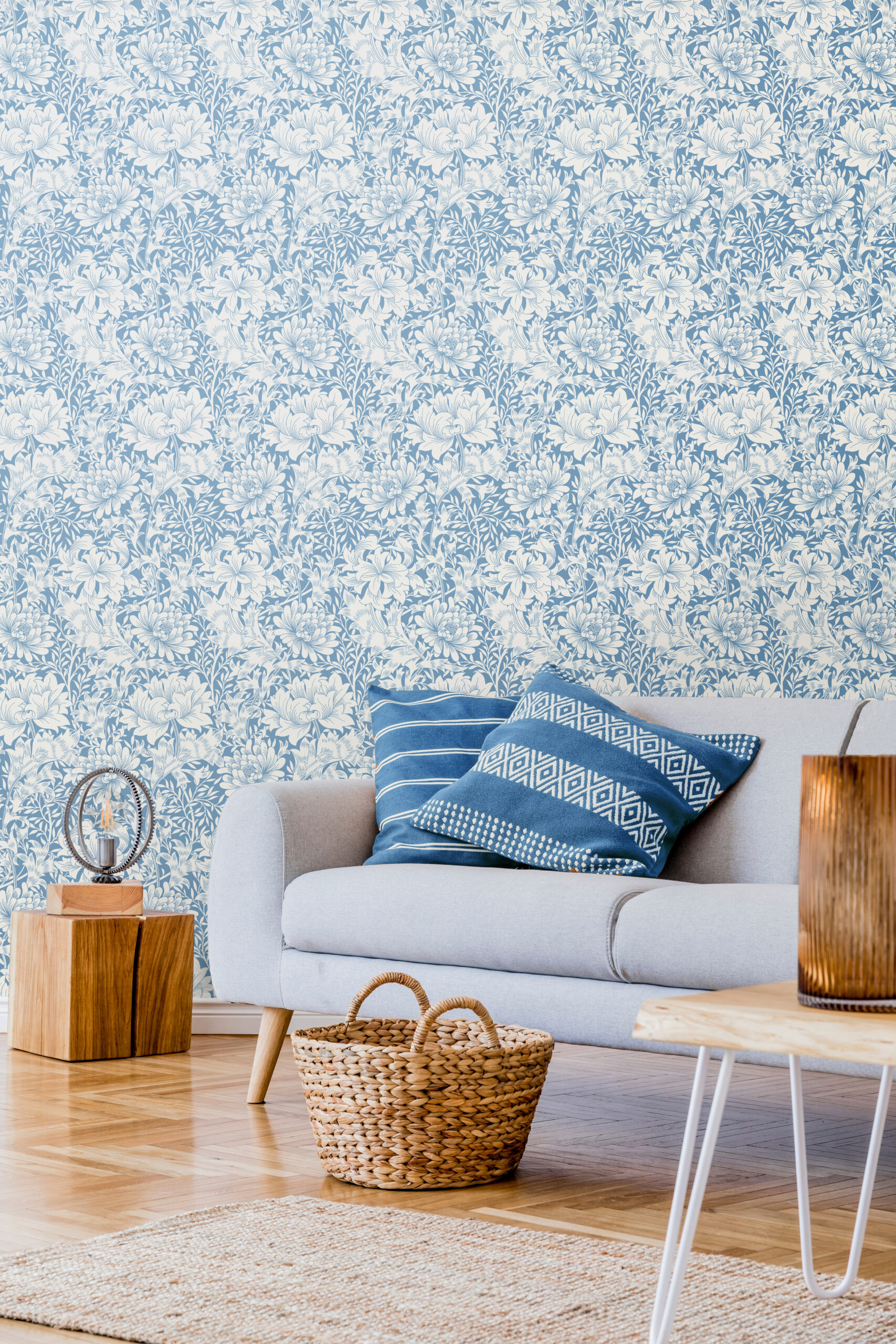 Wallpaper Floral Chrysanthemum Light Blue