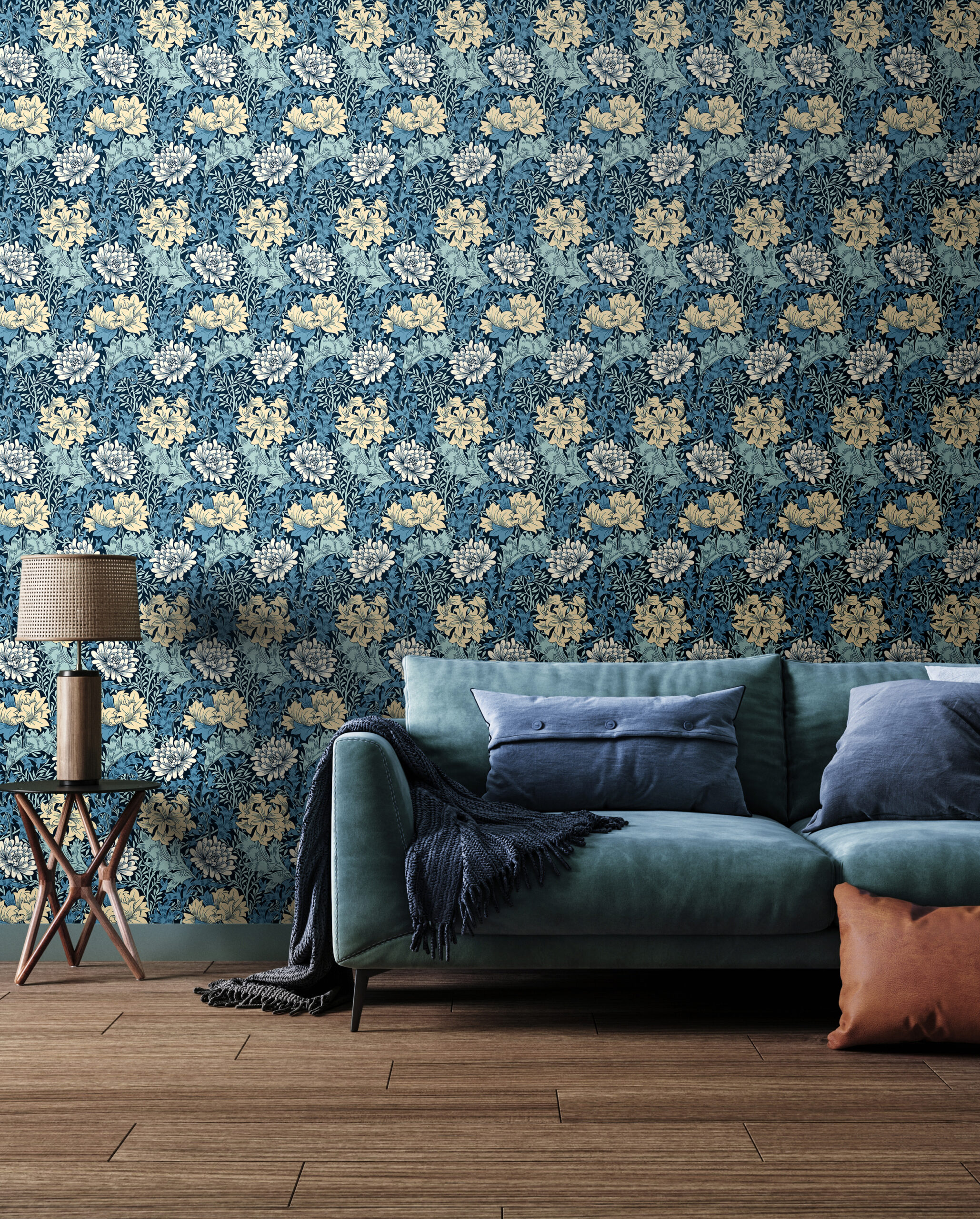Wallpaper Floral Chrysanthemum Navy Blu