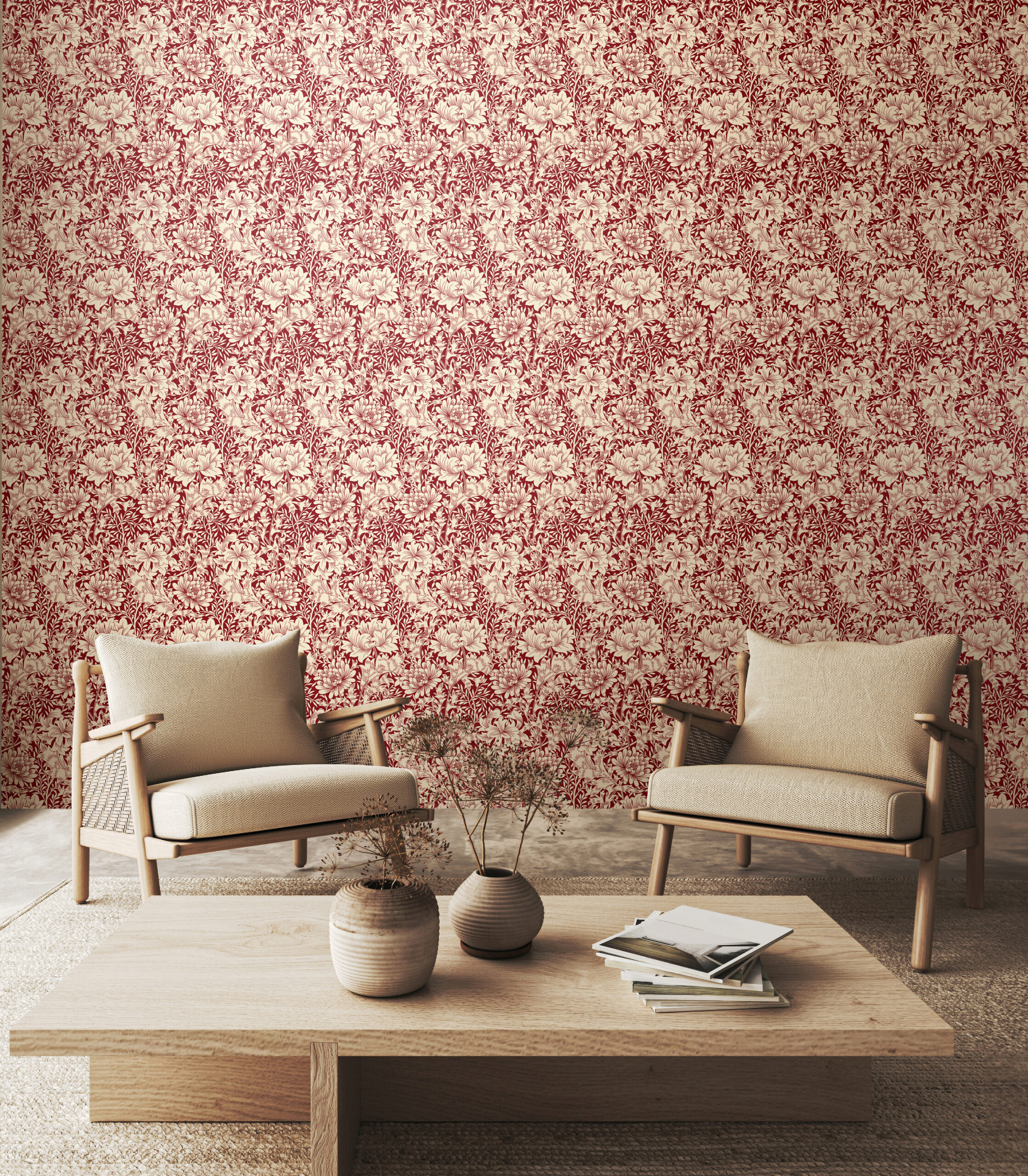 Wallpaper Floral Chrysanthemum Ruby Red