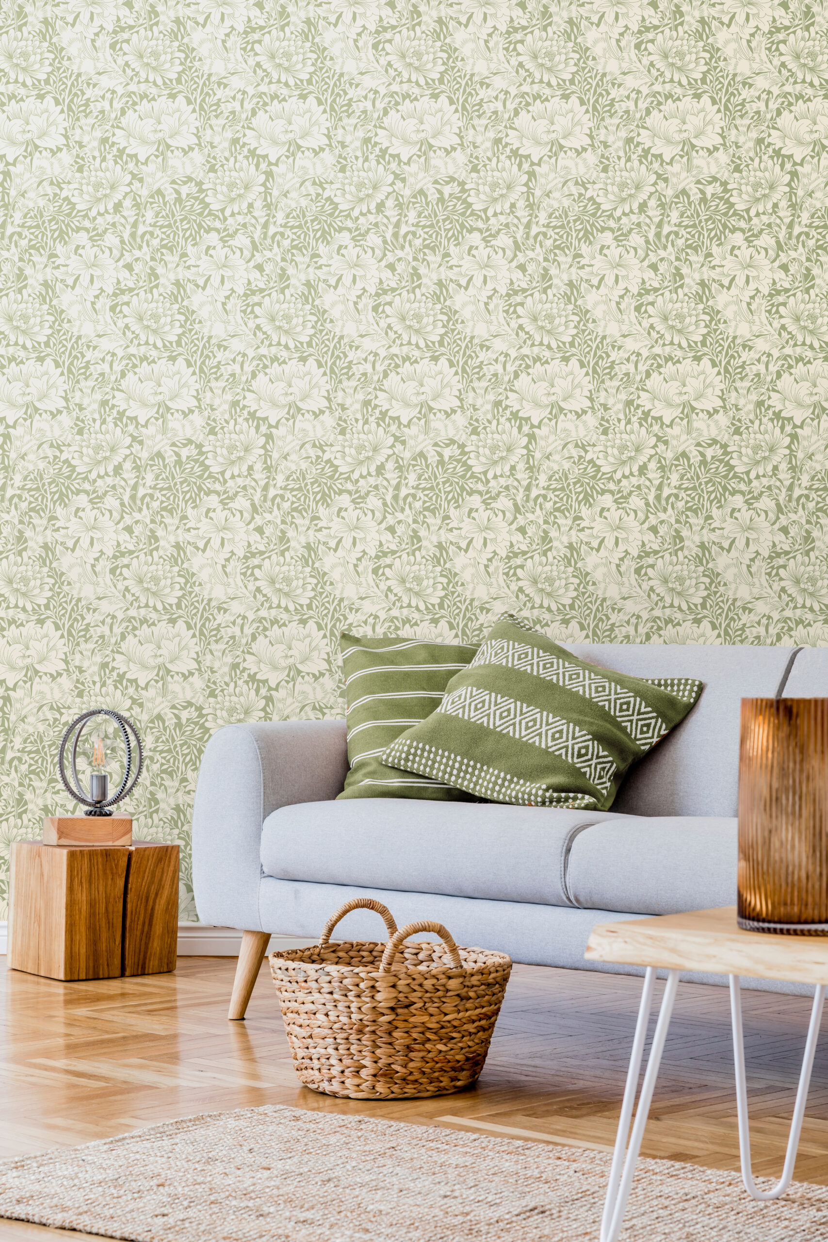 Wallpaper Floral Chrysanthemum Sage Green
