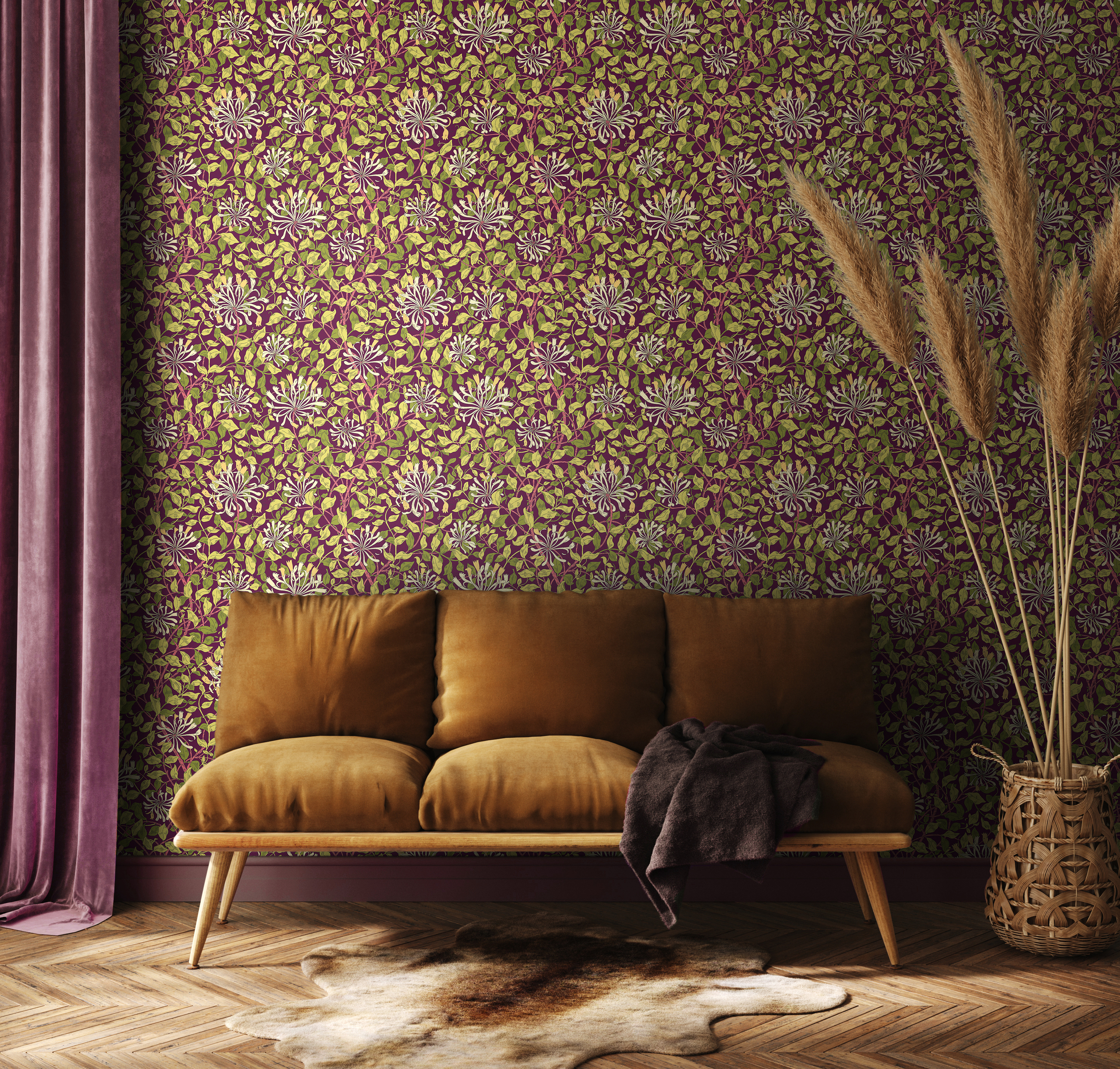 Wallpaper Honeysuckle Leaf Trail Aubergine