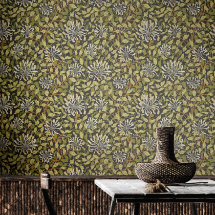 Wallpaper Honeysuckle Leaf Trail Black & Green