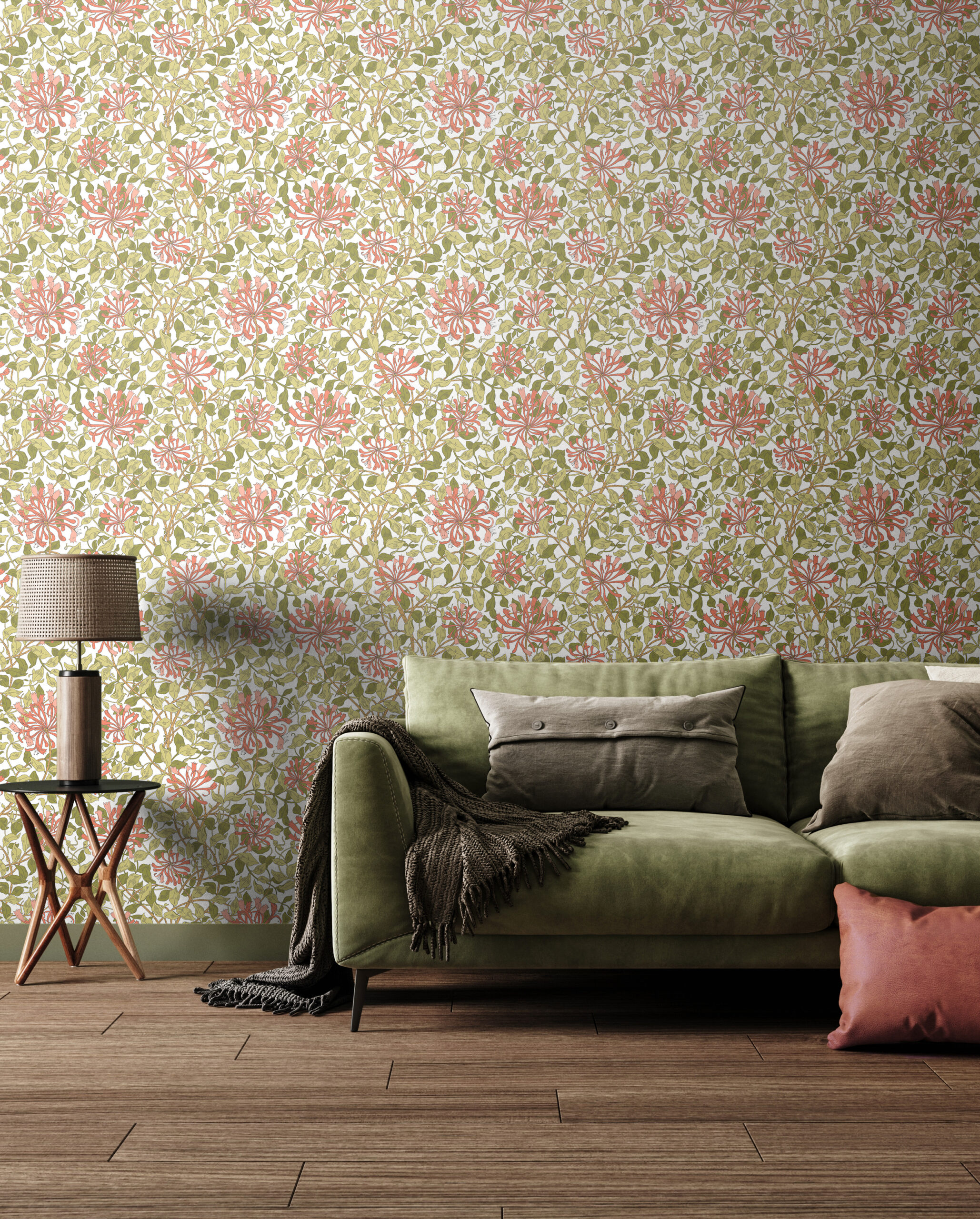 Wallpaper Honeysuckle Leaf Trail Coral Pink