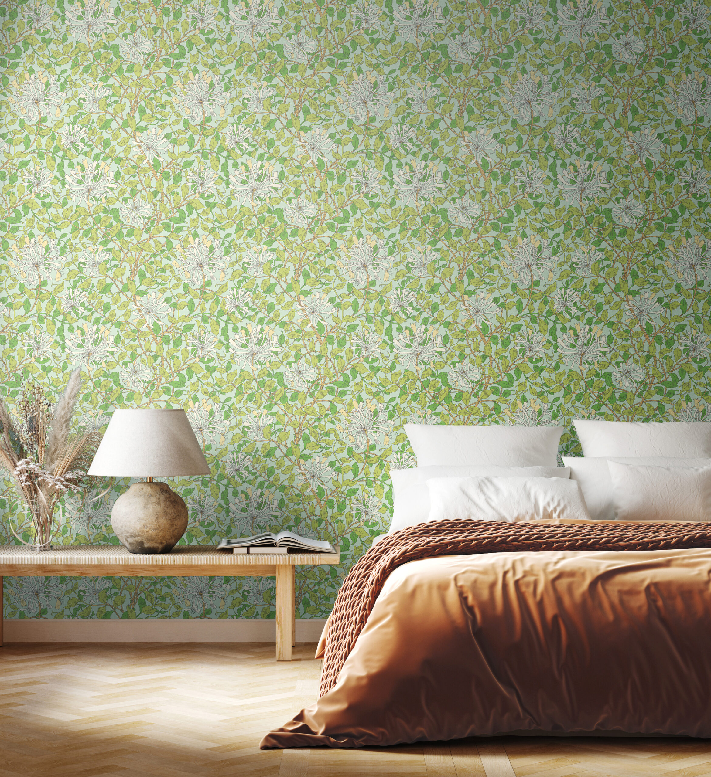 Wallpaper Honeysuckle Leaf Trail Duckegg Blue