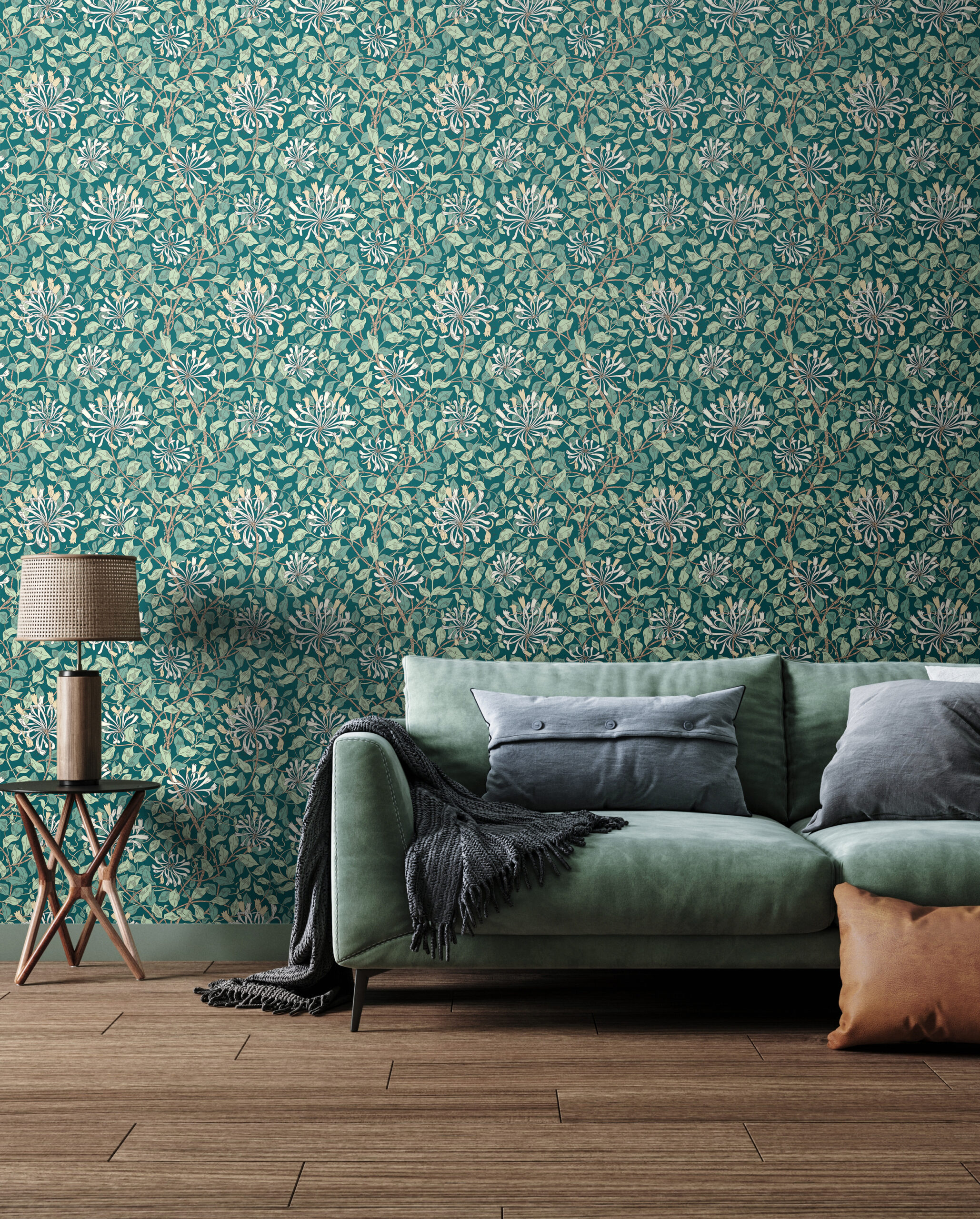 Wallpaper Honeysuckle Leaf Trail Jade Green