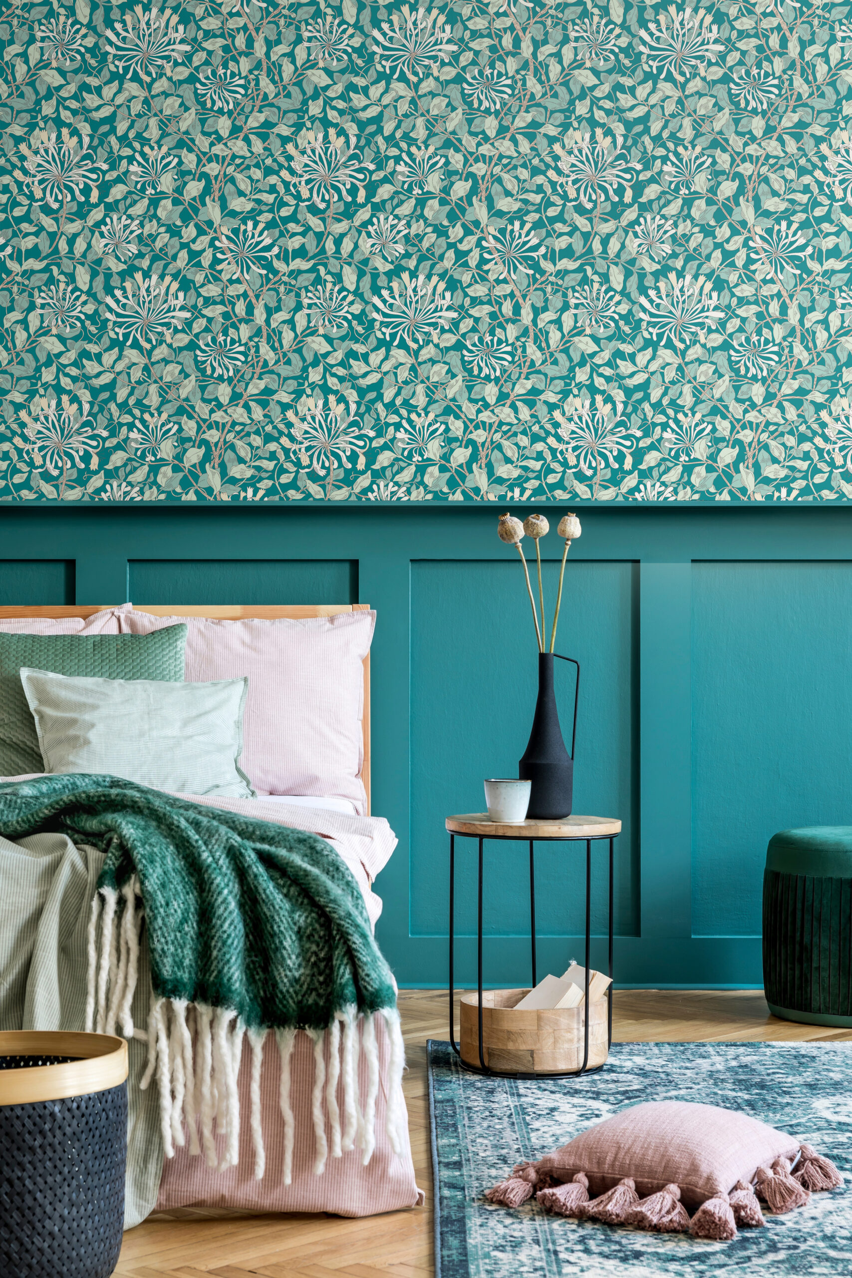 Wallpaper Honeysuckle Leaf Trail Jade Green