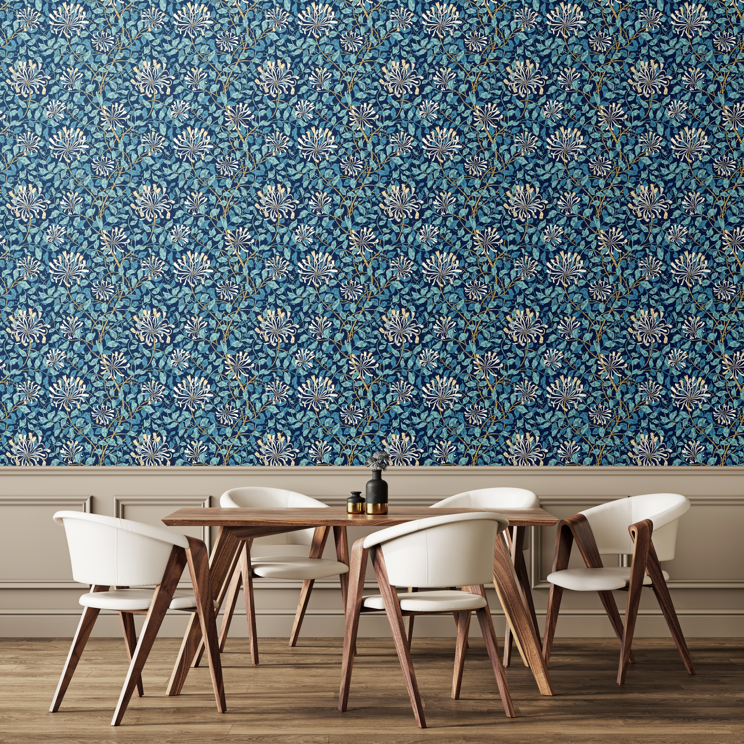 Wallpaper Honeysuckle Leaf Trail Navy Blue
