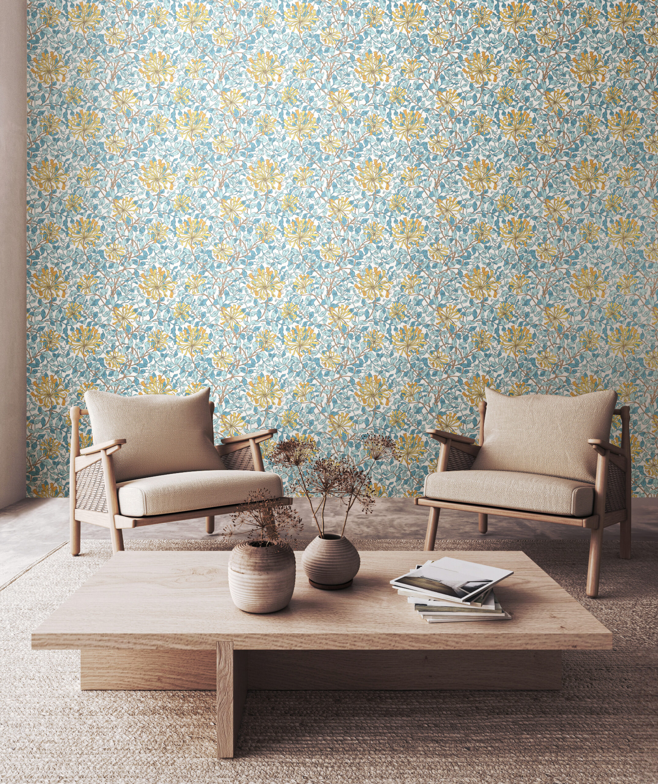Wallpaper Honeysuckle Leaf Trail Soft Blue