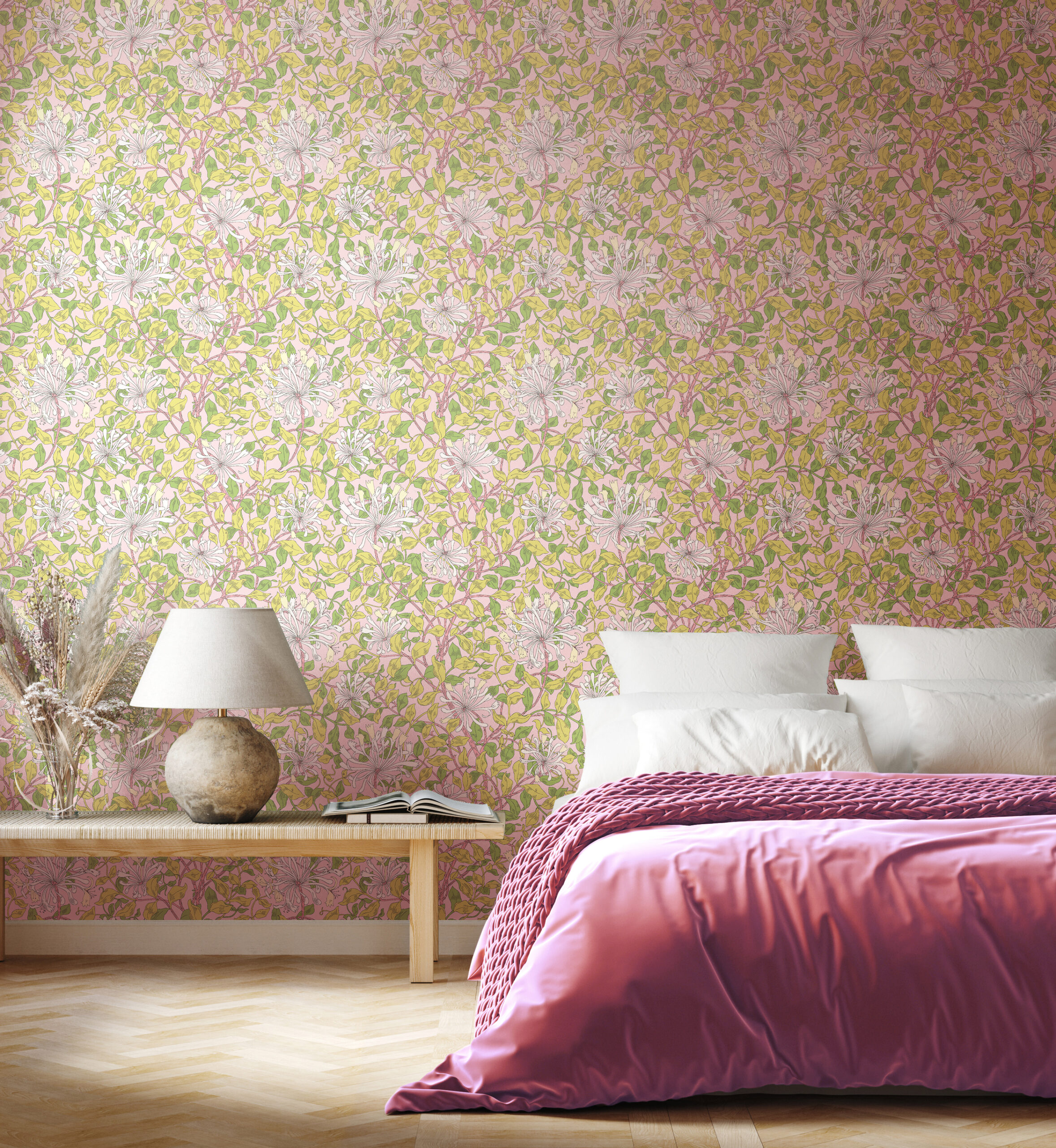 Wallpaper Honeysuckle Leaf Trail Soft Pink