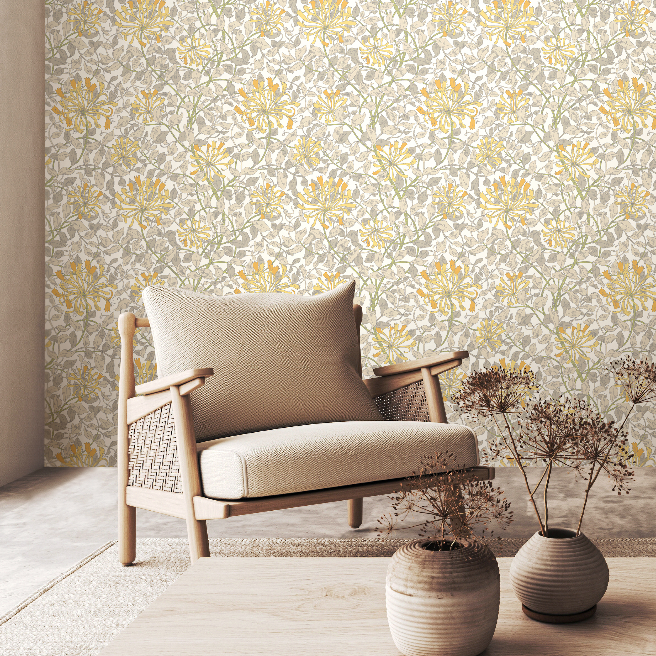 Wallpaper Honeysuckle Leaf Trail Warm Grey