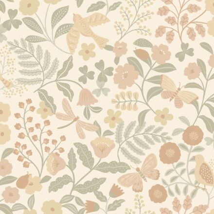 Kids Wallpaper Flowers and Birds Beige&Green