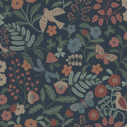 Kids Wallpaper Flowers and Birds Dark Blue