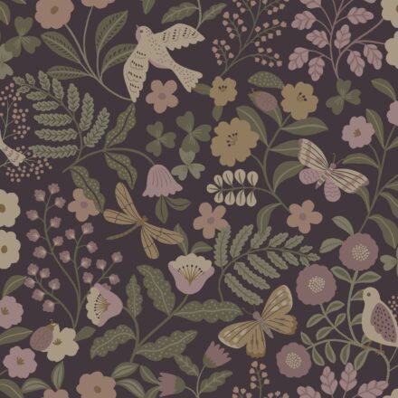 Kids Wallpaper Flowers and Birds Eggplant Purple