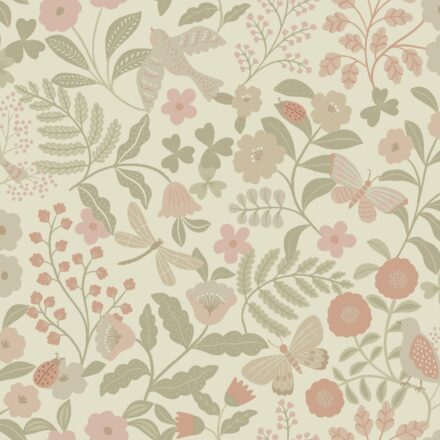 Kids Wallpaper Flowers and Birds Green&Pink