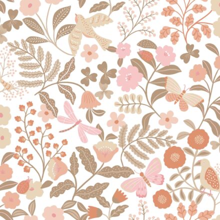 Kids Wallpaper Flowers and Birds Terracotta&Pink