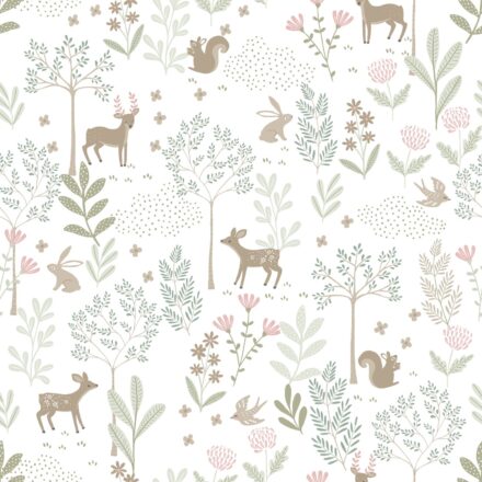 Kids Wallpaper Forest Animals Green&Pink