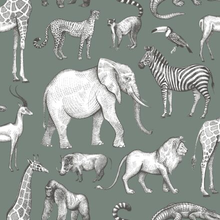 Kids Wallpaper Jungle Animals Grayish Green